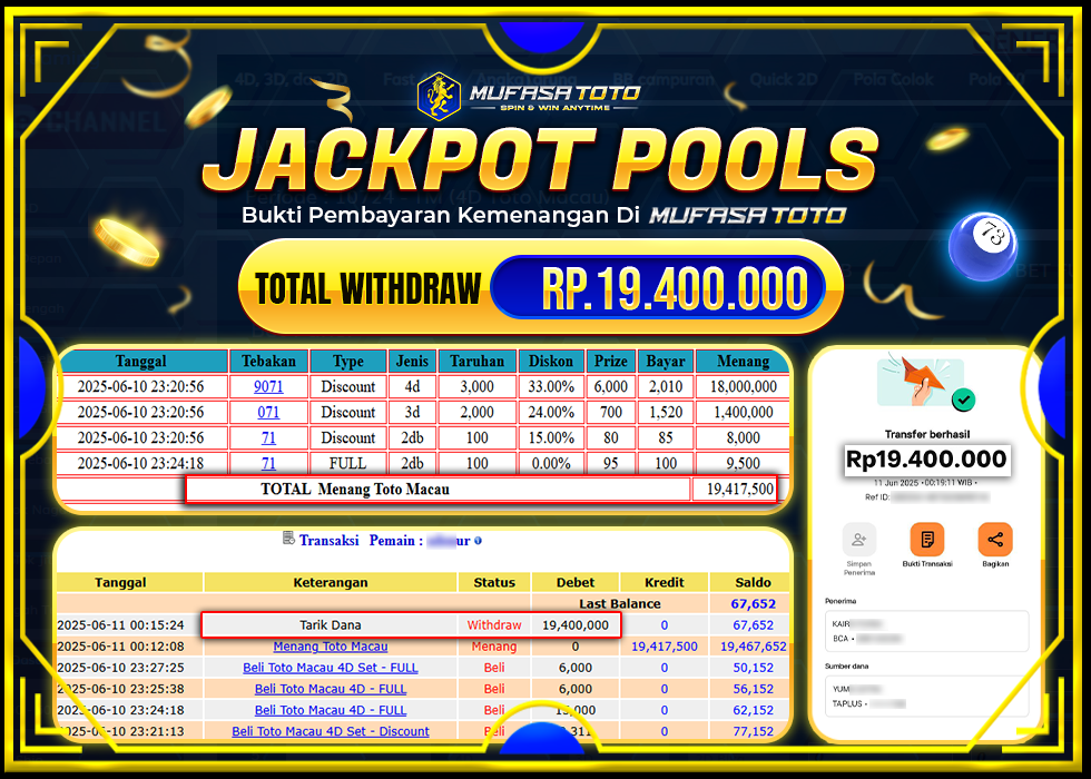 MUFASATOTO JACKPOT POOL TOTO MACAU Rp.19.400.000 | LUNAS